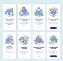 Corporate insurance onboarding mobile app screen. Business coverage walkthrough 4 steps graphic instructions pages with linear concepts. UI, UX, GUI template. Myriad Pro-Bold, Regular fonts used vector