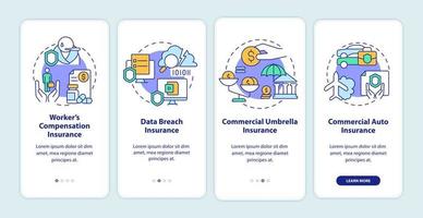 Coverage types onboarding mobile app screen. Insurance walkthrough 4 steps graphic instructions pages with linear concepts. UI, UX, GUI template. Myriad Pro-Bold, Regular fonts used vector