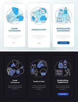 Bodybuilding meals night and day mode onboarding mobile app screen. Fit walkthrough 3 steps graphic instructions pages with linear concepts. UI, UX, GUI template. Myriad Pro-Bold, Regular fonts used vector