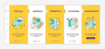 Dietary supplements yellow and orange onboarding template. Fitness food. Responsive mobile website with linear concept icons. Web page walkthrough 5 step screens. Lato-Bold, Regular fonts used vector