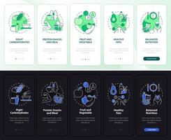 comida para ejercicios en modo día y noche incorporando la pantalla de la aplicación móvil. tutorial de dieta 5 pasos páginas de instrucciones gráficas con conceptos lineales. interfaz de usuario, ux, plantilla de interfaz gráfica de usuario. innumerables fuentes pro-negrita y regulares utilizadas vector