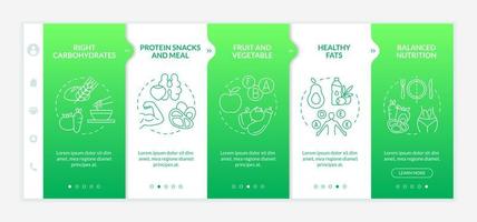 comida adecuada para ejercicios plantilla de incorporación de gradiente verde. dieta fitness sitio web móvil receptivo con iconos de concepto lineal. Tutorial de página web Pantallas de 5 pasos. lato-negrita, fuentes regulares utilizadas vector