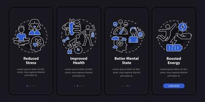 Life balance benefits night mode onboarding mobile app screen. Wellness walkthrough 4 steps graphic instructions pages with linear concepts. UI, UX, GUI template. Myriad Pro-Bold, Regular fonts used vector