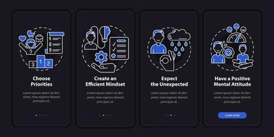 Balanced life tips night mode onboarding mobile app screen. Harmony walkthrough 4 steps graphic instructions pages with linear concepts. UI, UX, GUI template. Myriad Pro-Bold, Regular fonts used vector