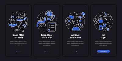 Well balanced life night mode onboarding mobile app screen. Lifestyle walkthrough 4 steps graphic instructions pages with linear concepts. UI, UX, GUI template. Myriad Pro-Bold, Regular fonts used vector