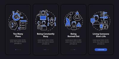 Out of balance life night mode onboarding mobile app screen. Imbalance walkthrough 4 steps graphic instructions pages with linear concepts. UI, UX, GUI template. Myriad Pro-Bold, Regular fonts used vector
