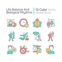 Life balance and biological rhythms RGB color icons set. Healthy lifestyle habits. Isolated vector illustrations. Simple filled line drawings collection. Editable stroke. Quicksand-Light font used