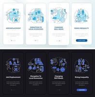 Negative automation impact night, day onboarding mobile app screen. Walkthrough 4 steps graphic instructions pages with linear concepts. UI, UX, GUI template. Myriad Pro-Bold, Regular fonts used vector
