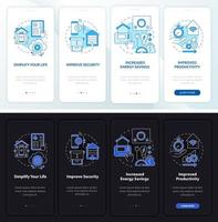 Reasons for home automation night, day mode onboarding mobile app screen. Walkthrough 4 steps graphic instructions pages with linear concepts. UI, UX, GUI template. Myriad Pro-Bold, Regular fonts used vector