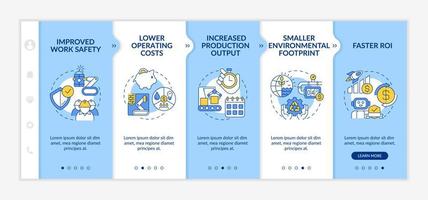 beneficios de la plantilla de incorporación azul y blanca de automatización industrial. sitio web móvil receptivo con iconos de concepto lineal. Tutorial de página web Pantallas de 5 pasos. lato-negrita, fuentes regulares utilizadas vector