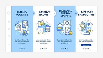 Reasons for home automation white and blue onboarding template. Responsive mobile website with linear concept icons. Web page walkthrough 4 step screens. Lato-Bold, Regular fonts used vector