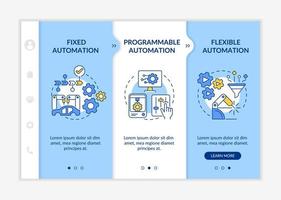 tipos de automatización plantilla de incorporación blanca y azul. software del programa sitio web móvil receptivo con iconos de concepto lineal. Tutorial de la página web Pantallas de 3 pasos. lato-negrita, fuentes regulares utilizadas vector