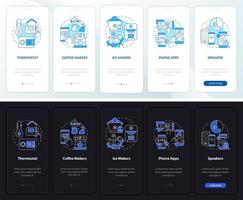 Examples of daily automation night, day onboarding mobile app screen. Walkthrough 5 steps graphic instructions pages with linear concepts. UI, UX, GUI template. Myriad Pro-Bold, Regular fonts used vector