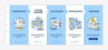 Examples of daily automation blue and white onboarding template. Responsive mobile website with linear concept icons. Web page walkthrough 5 step screens. Lato-Bold, Regular fonts used vector