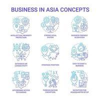 Business in Asia blue gradient concept icons set. Foreign income exemption idea thin line color illustrations. Strategic position. Isolated outline drawings. Roboto-Medium, Myriad Pro-Bold fonts used