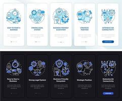 pantalla de la aplicación móvil incorporada en el modo día y noche para los negocios. tutorial 5 pasos páginas de instrucciones gráficas con conceptos lineales. interfaz de usuario, ux, plantilla de interfaz gráfica de usuario. innumerables fuentes pro-negrita y regulares utilizadas vector