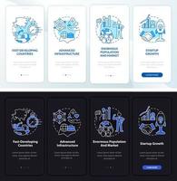 Expanding business night and day mode onboarding mobile app screen. Walkthrough 4 steps graphic instructions pages with linear concepts. UI, UX, GUI template. Myriad Pro-Bold, Regular fonts used vector