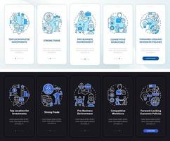 Business in Singapore night and day mode onboarding mobile app screen. Walkthrough 5 steps graphic instructions pages with linear concepts. UI, UX, GUI template. Myriad Pro-Bold, Regular fonts used vector