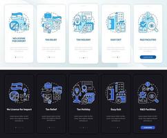 Incentives for investors night and day mode onboarding mobile app screen. Walkthrough 5 steps graphic instructions pages with linear concepts. UI, UX, GUI template. Myriad Pro-Bold, Regular fonts used vector
