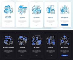 Incentives for investors night and day mode onboarding mobile app screen. Walkthrough 5 steps graphic instructions pages with linear concepts. UI, UX, GUI template. Myriad Pro-Bold, Regular fonts used vector