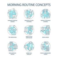 Morning routine turquoise concept icons set. Daily rituals for productivity. Healthy habits idea thin line color illustrations. Isolated outline drawings. Roboto-Medium, Myriad Pro-Bold fonts used vector