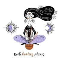Reiki healing plants.  The girl conducts a Reiki healing session for the flower. Logo. Vector. vector
