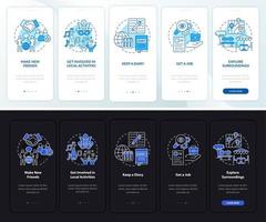 adaptarse a la pantalla de la página de la aplicación móvil de incorporación oscura y clara de vivir en el extranjero. tutorial 5 pasos instrucciones gráficas con conceptos. ui, ux, plantilla vectorial gui con ilustraciones lineales en modo día y noche vector