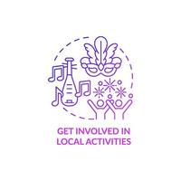 Get involved in local activities purple gradient concept icon. Adjusting to living abroad abstract idea thin line illustration. Engaging in cultural events. Vector isolated outline color drawing