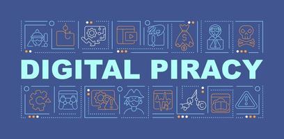 banner de conceptos de palabras de piratería en línea. protección de la propiedad intelectual. infografías con iconos lineales sobre fondo azul. tipografía creativa aislada. ilustración de color de contorno vectorial con texto vector