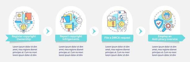 Piracy prevention vector infographic template. Report infringements presentation outline design elements. Data visualization with 4 steps. Process timeline info chart. Workflow layout with line icons