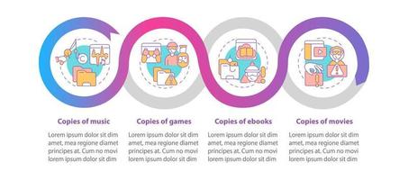 plantilla de infografía vectorial de copia ilegal. copias de elementos de diseño de esquema de presentación de juegos. visualización de datos con 4 pasos. gráfico de información de la línea de tiempo del proceso. diseño de flujo de trabajo con iconos de línea vector