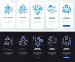 Abusive partner types onboarding mobile app page screen. Lack of trust walkthrough 5 steps graphic instructions with concepts. UI, UX, GUI vector template with linear night and day mode illustrations