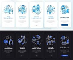 Toxicity signs onboarding mobile app page screen. Lack of self-care walkthrough 5 steps graphic instructions with concepts. UI, UX, GUI vector template with linear night and day mode illustrations