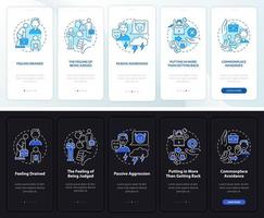 toxicidad en el lugar de trabajo incorporando la pantalla de la página de la aplicación móvil. tutorial de agotamiento laboral instrucciones gráficas de 5 pasos con conceptos. ui, ux, plantilla vectorial gui con ilustraciones lineales en modo día y noche vector