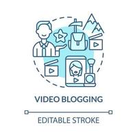 Video blogging blue concept icon. Way to make money online abstract idea thin line illustration. Vlogger shooting. Educational and travel vlogs. Vector isolated outline color drawing. Editable stroke