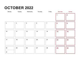 Wall planner for October 2022 in English language, week starts in Monday. vector