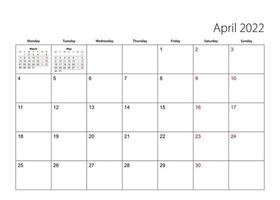 April 2022 simple calendar planner, week starts from Monday. vector