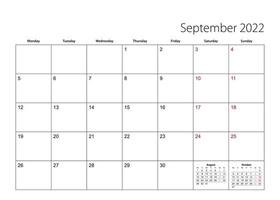 September 2022 simple calendar planner, week starts from Monday. vector