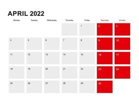 2022 April planner calendar design. Week starts from Monday. vector