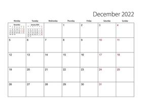 December 2022 simple calendar planner, week starts from Monday. vector