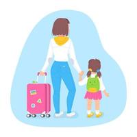 Ukrainian refugee concept. Woman with a child walking with suitcase. War migration people illustration in cartoon style.
