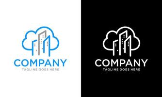 logotipo de construcción de nubes. negocio de diseño de logotipos inmobiliarios. presentación literaria para negocios inmobiliarios. el letrero ideal para una ciudad o servidor en la nube. logotipo del servidor digital de la nube de la ciudad.construya un logotipo vector