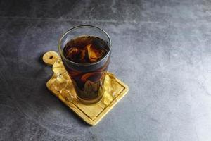 black soft drink in a glass photo