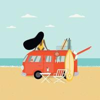 A woman sits on the roof of a car and looks at the sea. Hippie bus, surf, suitcase.  Postcard, poster. Vector illustration.