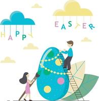 Happy Easter. People paint an easter egg. Flat design. Vector illustration.