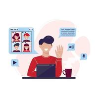 Man at desktop chatting with frienads online. People chat online. Online negotiations. Video conference call to friends, colleagues, customers. Social media technology concept illustration. Vector. vector