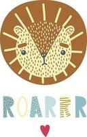 A cute lion. Vector illustration, poster, print, card with a cute lion, heart and lettering ROAR. Hand drawn.