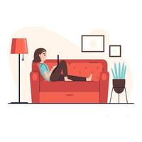 A young woman works on the laptop and lies on the sofa at home. Work at home. Home office. Freelance or studying concept. Vector illustration in flat style.