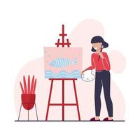 Young woman is drawing a picture at easel with paintbrush. Hobby. Creative professional artist. Work at home as freelancer or hobby. Flat vector illustration.