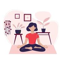 una mujer joven. está meditando en una habitación. ilustración conceptual para yoga, meditación, relajación. estilo de vida saludable en cuarentena. ilustración vectorial vector